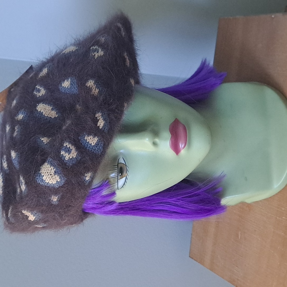 C.C Brown/Grey/Cream Cony Hair And Wool Blend Animal Print Hat/Beret - Picture 2 of 7